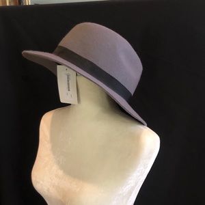 Grey felt woman’s fedora hat, black ribbon band.